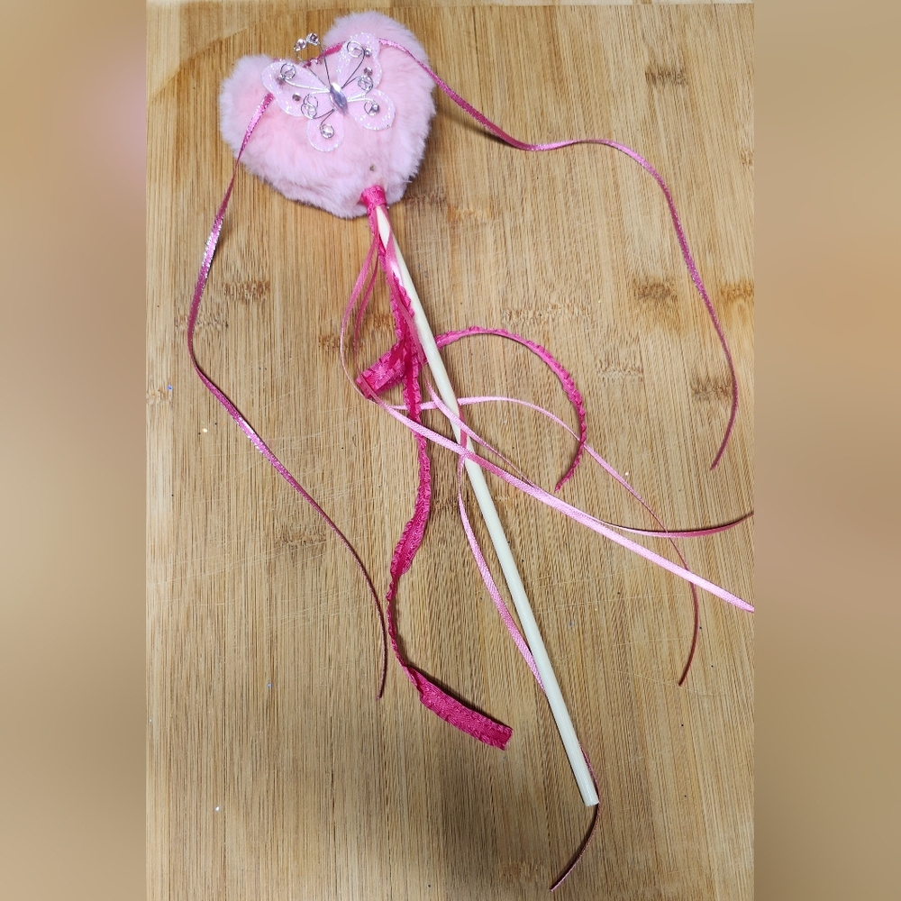 Artisanal Charming Pink Fluffy Heart Fairy Wand with Ribbons